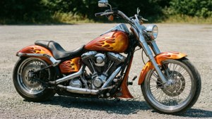A custom chopper with vibrant orange flames stands out on a gravel lot. — Bike Background