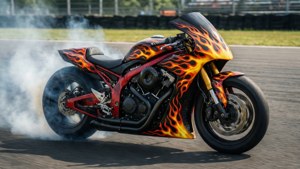 Sepeda motor api kustom melayang di lintasan balap dengan asap
