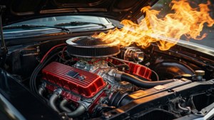A muscle car engine with flames erupting from the intake, fiery action scene. — Engine Background