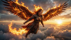 Kiana als Herrscher of Flamescion fliegt durch Wolken