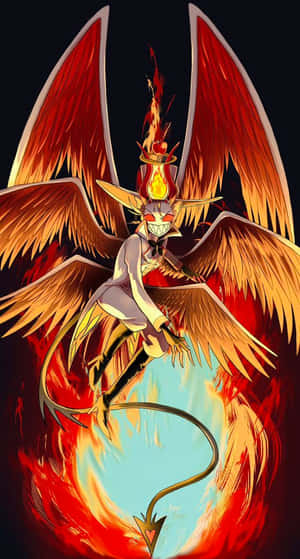 Anime-Dämon mit roten Flügeln und flammendem Hut, umgeben von Feuer. — Lucifer Morningstar Wallpaper