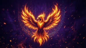En flammende føniks-hackerlogo i oransje og gult på en mørk lilla bakgrunn med binære glør.