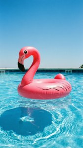 Pink flamingo pool float bobbing in clear blue water under sunny sky. — Summer Aesthetic Picture