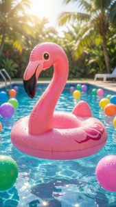 Lyserød flamingo-float i en sjov poolsjov