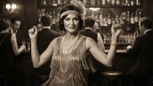 Tiffani Thiessen se transforma em uma flapper dos anos 1920 em um speakeasy com tom sépia.