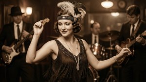 A woman in 1920s flapper attire dances in a jazz club with musicians playing guitars and drums. — Alyssa Sutherland Wallpaper