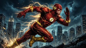 The Flash races across a city skyline at night with lightning effects.