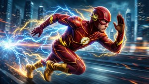 The Flash sprinting at super speed with lightning energy trails through a neon city