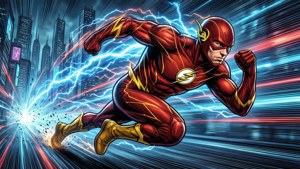Wallpaper dinamis dari The Flash yang berlari dengan efek petir.