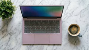 Une photo stylée prise du dessus d'un Chromebook avec café et plante sur marbre.