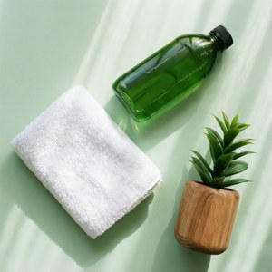 A clean flat lay composition of eco-friendly cleaning essentials.