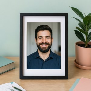 Top-down flat lay van de fotolijst van de medewerker van de maand en plant