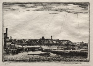 Flats by Frank Wilcox, created c. 1923, in etching. Download this artwork as a high-resolution wallpaper for desktop, tablet, or mobile. — Frank Wilcox Wallpaper