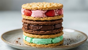 Ein bunter Stapel von drei Eiscreme-Sandwiches in Erdbeere, Schokolade und Minze, Studiolicht.