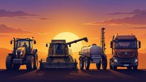 Een silhouetopstelling van landbouwvoertuigen bij zonsondergang