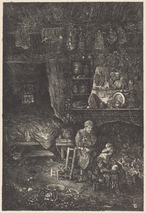Flemish Interior by Rodolphe Bresdin, created 1873, in lithograph. Download this artwork as a high-resolution wallpaper for desktop, tablet, or mobile. — Art Wallpaper
