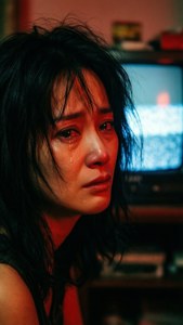 Close-up seorang wanita menangis di ruangan gelap yang diterangi televisi, tekstur film bergrain