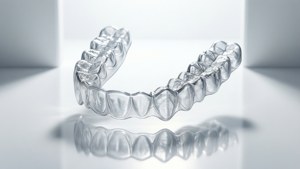Minimalistisk bakgrunnsbilde med en enkelt Invisalign-aligner som flyter i hvitt rom.