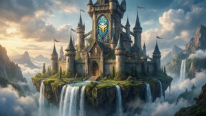 Fantasia-leijuva saarilinna, jossa on SteamOS-lasimaalausikkuna
