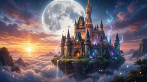 Floating castle with glowing spires above clouds at sunset with a giant moon. — iPad Picture