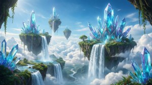 Floating islands with crystal spires and waterfalls amidst clouds. — Futuristic Background