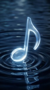 Una carta da parati eterea di una nota musicale luminosa che galleggia in un liquido blu scuro, creando increspature.
