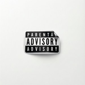 Minimalistisk flytende Parental Advisory-klistremerke på hvitt.