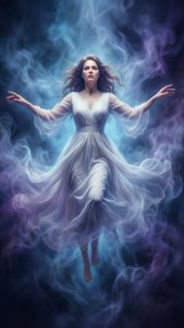 O fantasma de Nell flutuando etéreo em um quarto enevoado