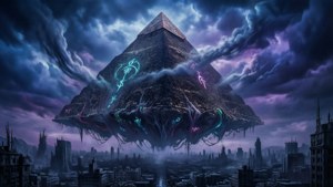 Ein surreales Wallpaper einer schwebenden Pyramide über einer verlassenen Stadt, aus der Welt von Control.