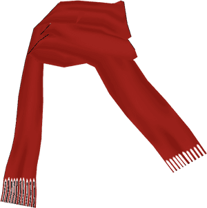 Red scarf with white fringe edges draped diagonally against black background.