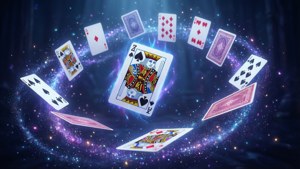 Floating playing cards in a vibrant cosmic space scene. — Solitaire Background