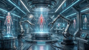 Futuristic medical facility with floating robotics and holograms