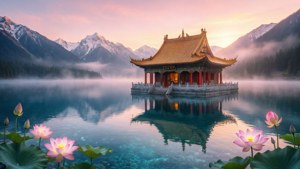 Sebuah kuil Buddha terapung di danau kristal dengan bunga lotus bercahaya saat fajar.