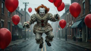 Pennywise lévite avec une grappe de ballons rouges dans une rue brumeuse.