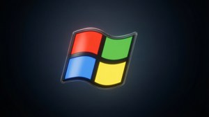 O clássico logotipo da bandeira do Windows 95 brilhando em um espaço escuro, minimalista e elegante.