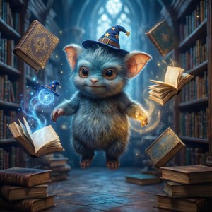 Orko der schwebende Zauberer, umgeben von magischen Büchern und Zaubersprüchen in einer Bibliothek