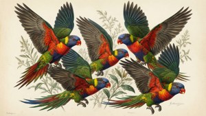 Exquis papier peint inspiré de Keulemans représentant des perroquets philippins volant sur un fond crème