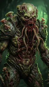 En Flood-infekterad Jiralhanae med groteska mutationer i svagt grönt ljus.