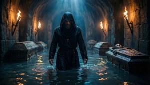 Atmosferische achtergrond van de Boeteling die door een overstroomde crypte waadt met fakkellicht