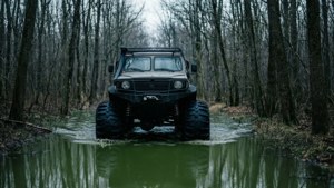 Un camion SnowRunner guida attraverso una foresta allagata con pneumatici sommersi