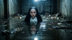 Le reflet de la Nonne apparaît dans un sous-sol inondé dans ce wallpaper