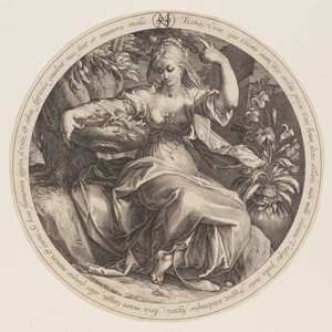 Flora by Herman Jansz Muller, created c. 1598-1602, in Engraving on ivory laid paper. Download this artwork as a high-resolution wallpaper for desktop, tablet, — Herman Jansz Muller Wallpaper