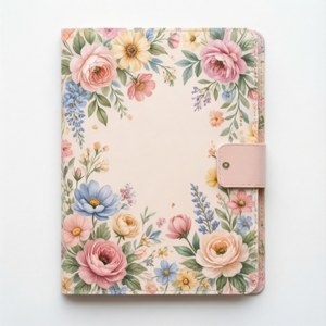 Blomster notatbokomslag med rosa, blå og gule blomster på kremfarget bakgrunn.