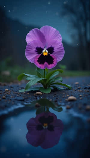 A purple pansy flower with reflection in a rain puddle at night. — Fresh Wallpaper