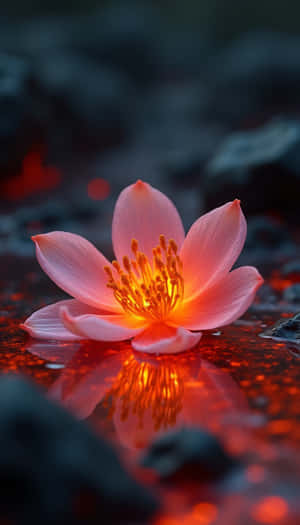 Pink lotus flower floating on glowing water with dark rocks around. — Beauty Picture