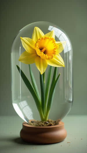A yellow daffodil in a glass dome on a wooden base. — Beauty Picture