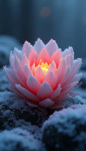 Frosty pink lotus glowing warmly in snowy winter setting — Fresh Wallpaper