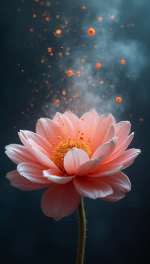 A pink flower releasing glowing orange particles into dark smoke. — Beauty Picture
