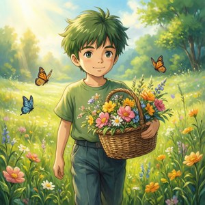 En anime-gutt med grønt hår går gjennom en eng med blomster og sommerfugler.