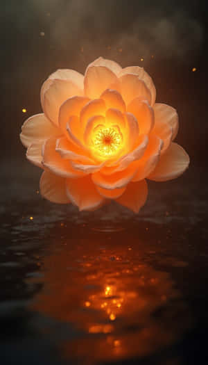 Glowing orange lotus floating on dark water with reflection — Fresh Wallpaper